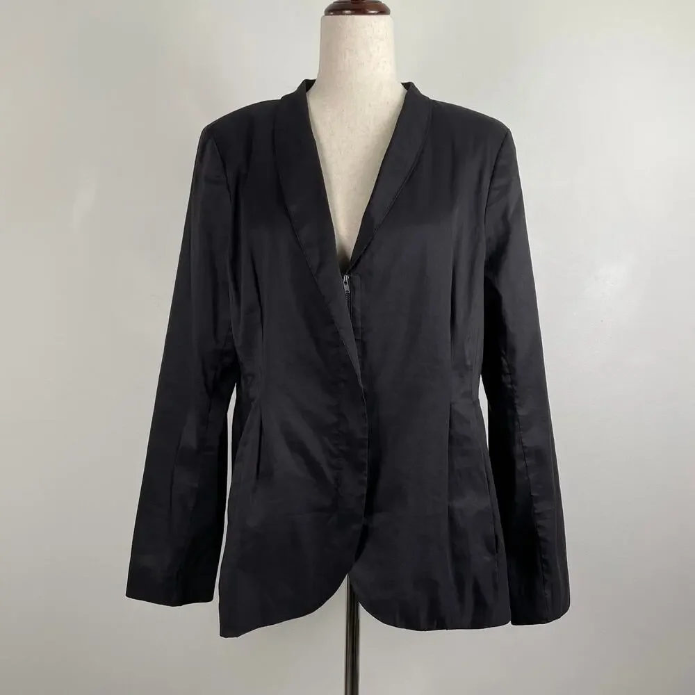Eileen Fisher Polished Ramie Silk Stretch Jacket Blazer Zip Front Fitted Black L